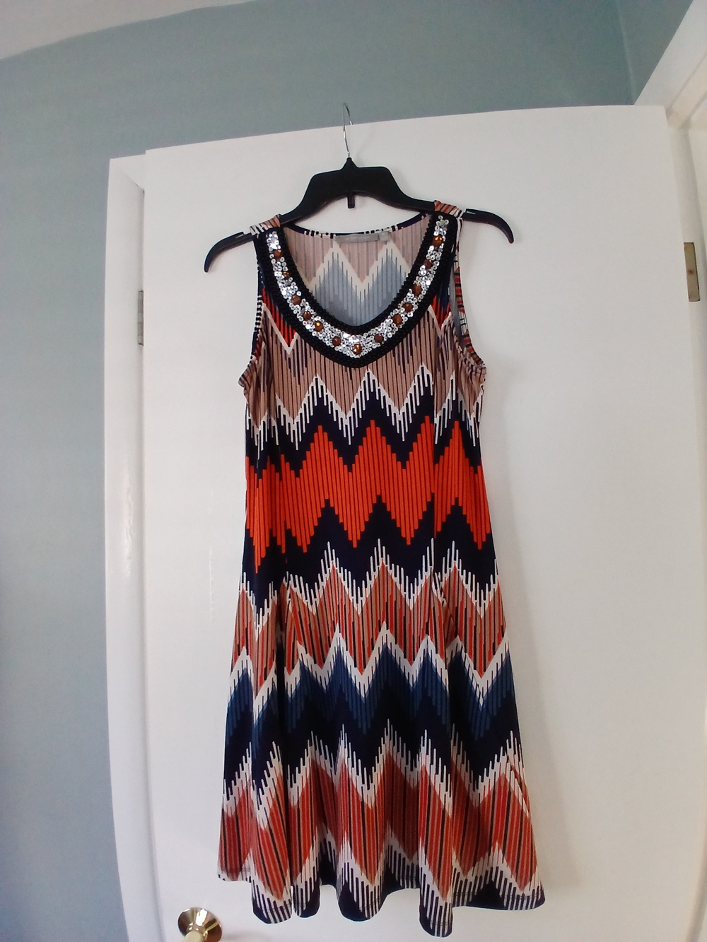 NY Collection Orange Navy Chevron Midi Dress with Embellished Neckline